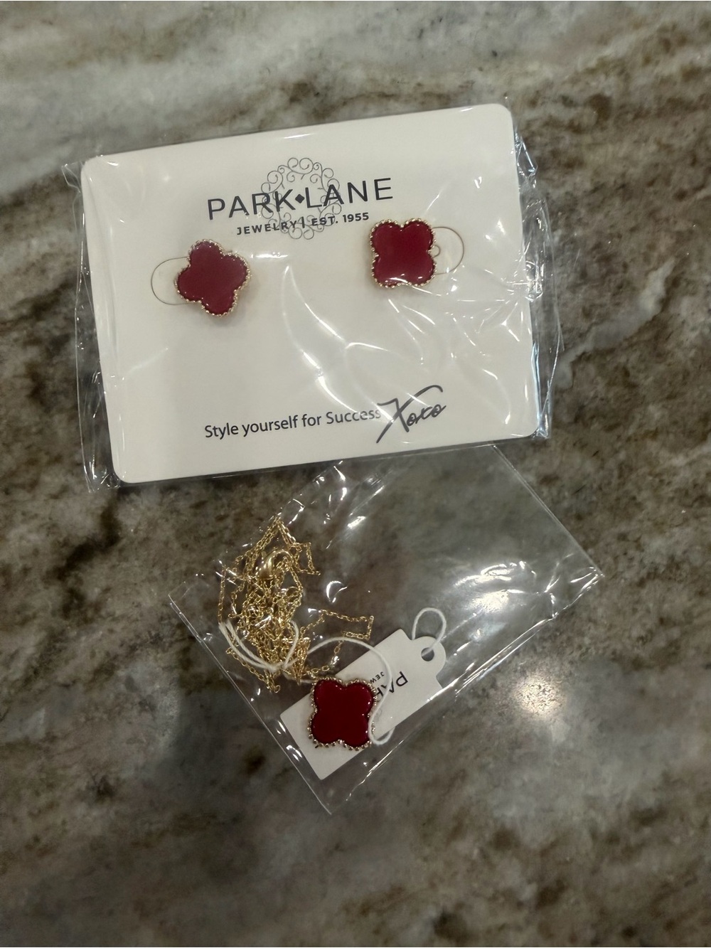 Park Lane  Gold-Tone Necklace & Clover Stud Earring Set in Red